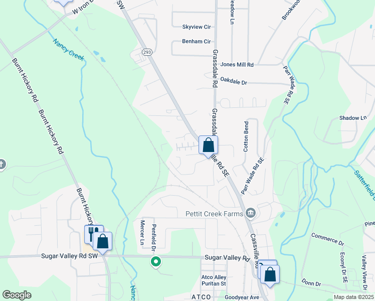 map of restaurants, bars, coffee shops, grocery stores, and more near 56 Point Place Drive in Cartersville