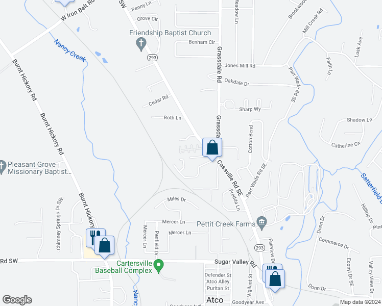 map of restaurants, bars, coffee shops, grocery stores, and more near 71 Point Place Drive in Cartersville
