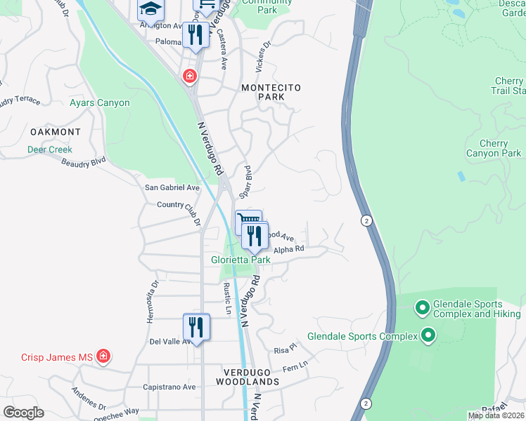 map of restaurants, bars, coffee shops, grocery stores, and more near 2950 Oak Glen Road in Glendale