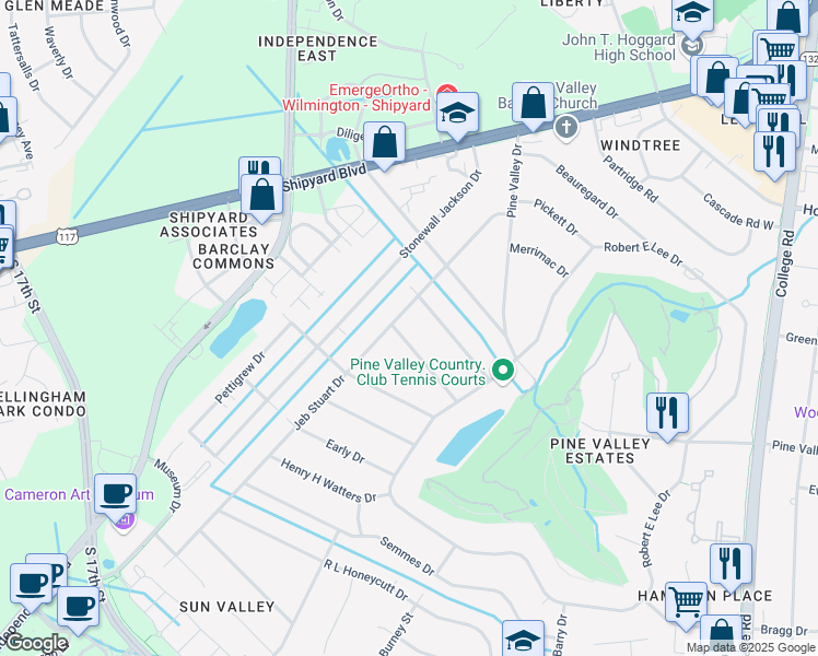 map of restaurants, bars, coffee shops, grocery stores, and more near 305 Johnston Drive in Wilmington