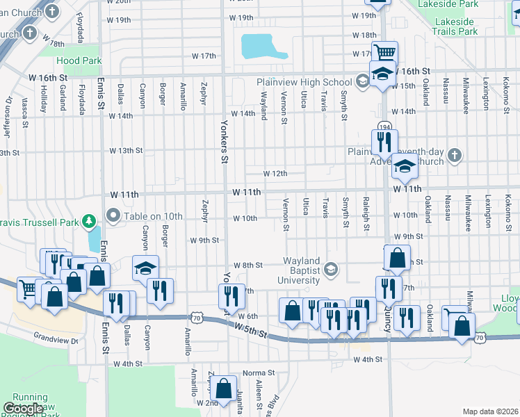 map of restaurants, bars, coffee shops, grocery stores, and more near 1006 Xenia Street in Plainview