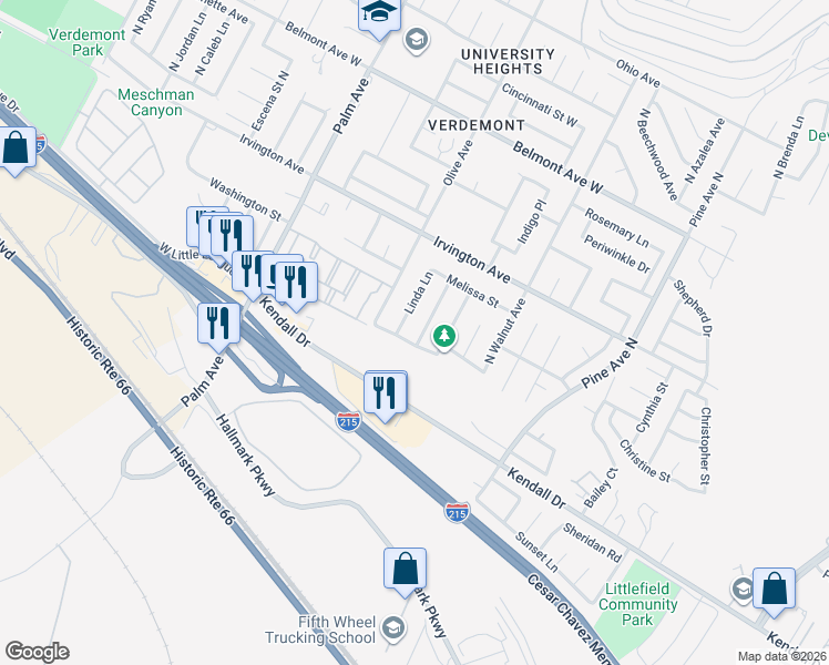 map of restaurants, bars, coffee shops, grocery stores, and more near 6055 Lori Lane in San Bernardino