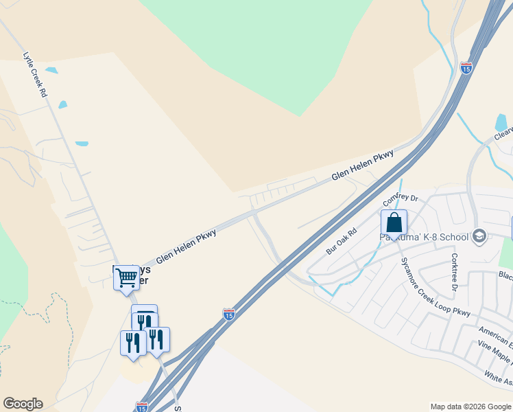 map of restaurants, bars, coffee shops, grocery stores, and more near 17123 Gray Pine Place in San Bernardino