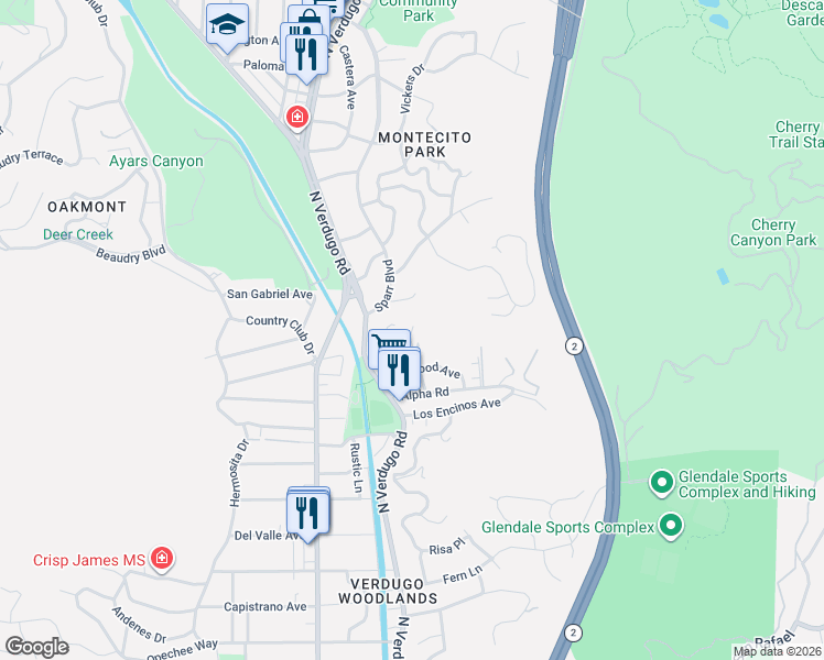 map of restaurants, bars, coffee shops, grocery stores, and more near 2940 Marcia Road in Glendale