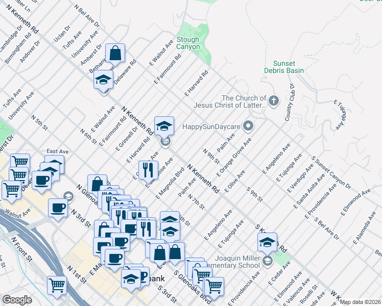 map of restaurants, bars, coffee shops, grocery stores, and more near 831 East Magnolia Boulevard in Burbank