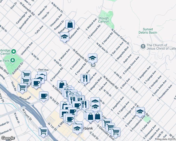 map of restaurants, bars, coffee shops, grocery stores, and more near 735 East Cypress Avenue in Burbank