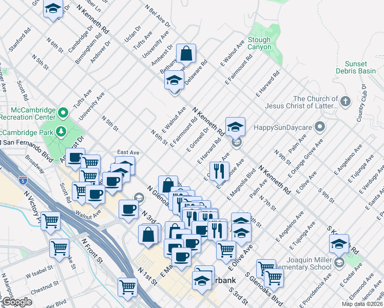 map of restaurants, bars, coffee shops, grocery stores, and more near 626 East Grinnell Drive in Burbank