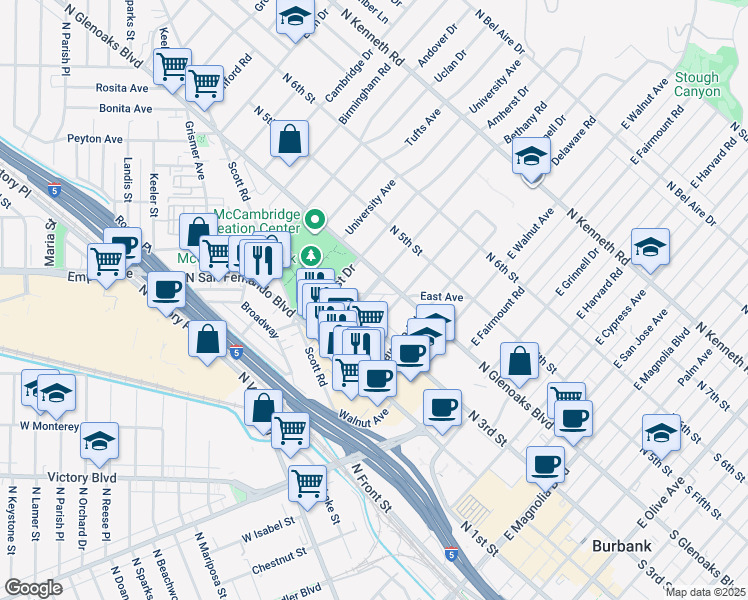map of restaurants, bars, coffee shops, grocery stores, and more near 316 Bethany Road in Burbank