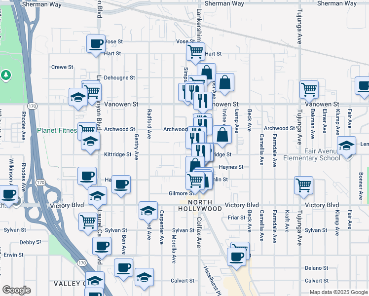 map of restaurants, bars, coffee shops, grocery stores, and more near 11726 Lemay Street in Los Angeles