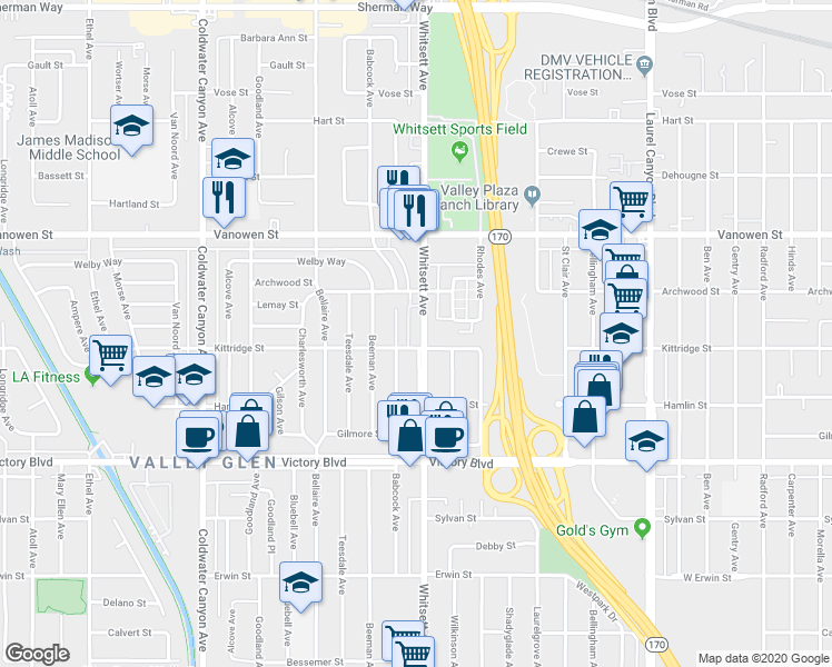 map of restaurants, bars, coffee shops, grocery stores, and more near 6623 1/2 Whitsett Avenue in Los Angeles