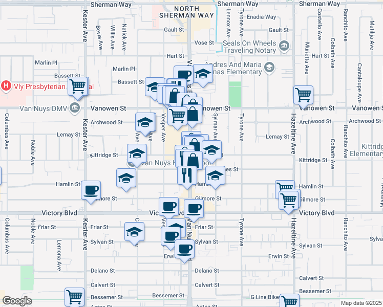 map of restaurants, bars, coffee shops, grocery stores, and more near 6609 Van Nuys Boulevard in Los Angeles