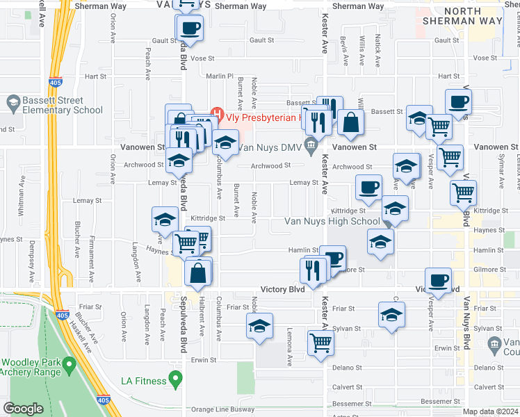 map of restaurants, bars, coffee shops, grocery stores, and more near 6621 Norwich Avenue in Los Angeles