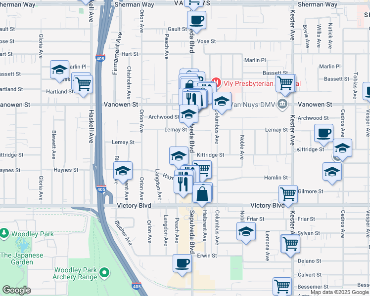 map of restaurants, bars, coffee shops, grocery stores, and more near 6625 North Sepulveda Boulevard in Los Angeles