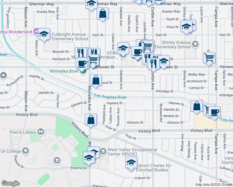map of restaurants, bars, coffee shops, grocery stores, and more near 19922 Kittridge Street in Los Angeles