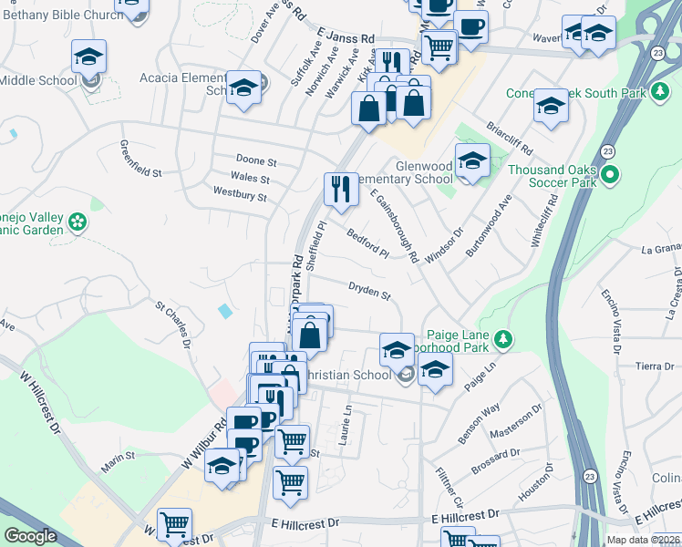 map of restaurants, bars, coffee shops, grocery stores, and more near 224 Thoreau Circle in Thousand Oaks