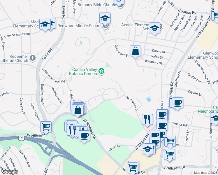 map of restaurants, bars, coffee shops, grocery stores, and more near 286 Oak Leaf Drive in Thousand Oaks