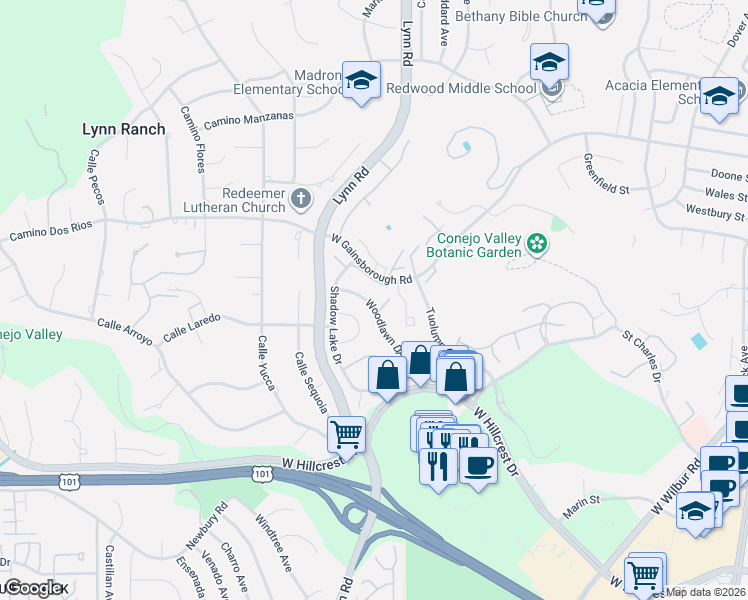 map of restaurants, bars, coffee shops, grocery stores, and more near 922 Woodlawn Drive in Thousand Oaks