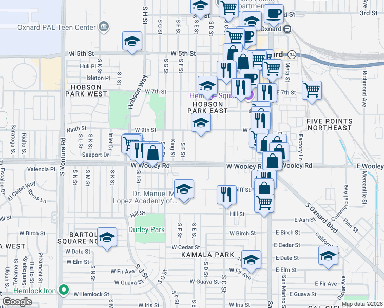 map of restaurants, bars, coffee shops, grocery stores, and more near 1017 South E Street in Oxnard