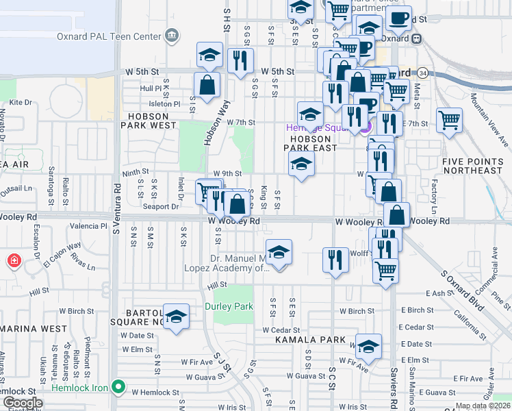 map of restaurants, bars, coffee shops, grocery stores, and more near 1016 King Street in Oxnard