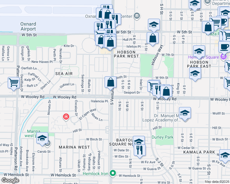 map of restaurants, bars, coffee shops, grocery stores, and more near 1025 M Court in Oxnard