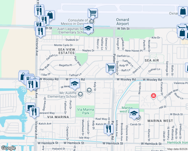map of restaurants, bars, coffee shops, grocery stores, and more near 1020 Kelp Lane in Oxnard