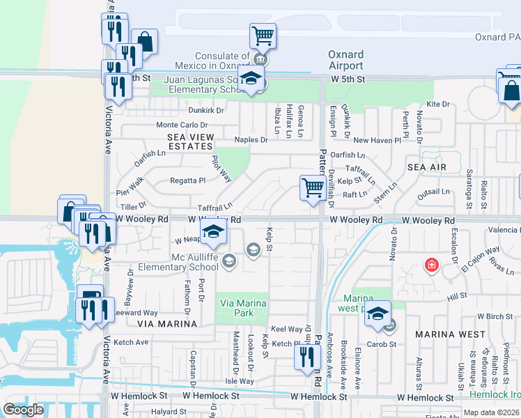 map of restaurants, bars, coffee shops, grocery stores, and more near 3231 Kelp Lane in Oxnard