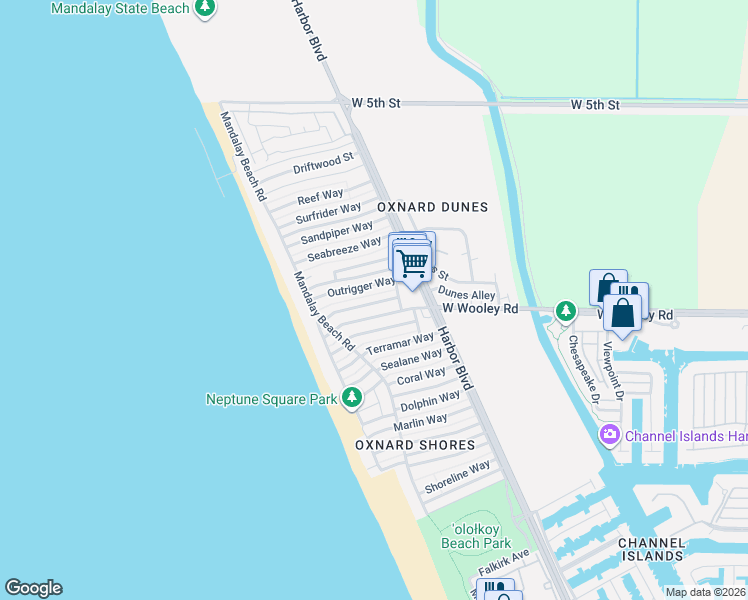 map of restaurants, bars, coffee shops, grocery stores, and more near 5131 Breakwater Way in Oxnard