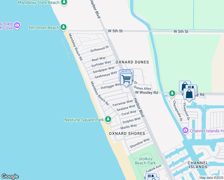map of restaurants, bars, coffee shops, grocery stores, and more near 5131 Breakwater Way in Oxnard