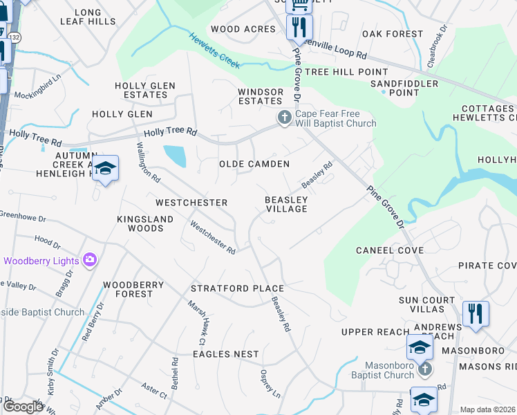 map of restaurants, bars, coffee shops, grocery stores, and more near 420 Beasley Road in Wilmington