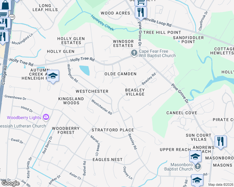 map of restaurants, bars, coffee shops, grocery stores, and more near 420 Beasley Road in Wilmington