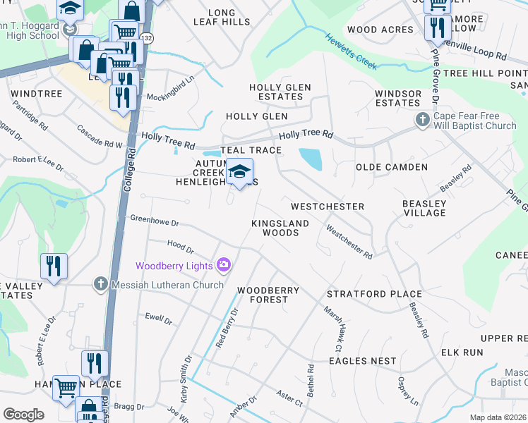 map of restaurants, bars, coffee shops, grocery stores, and more near 3100-3104 Braemar Ln in Wilmington