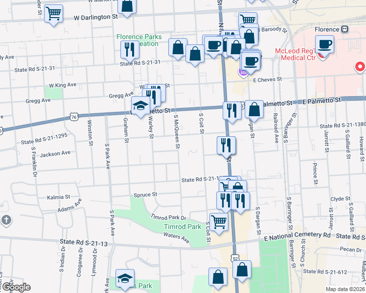 map of restaurants, bars, coffee shops, grocery stores, and more near 408 South McQueen Street in Florence