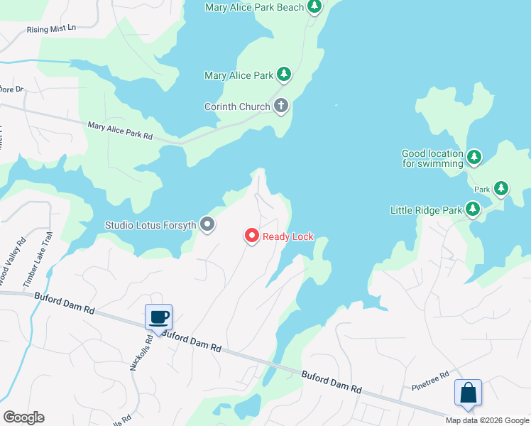 map of restaurants, bars, coffee shops, grocery stores, and more near 2090 Ridge Road in Cumming