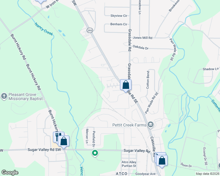 map of restaurants, bars, coffee shops, grocery stores, and more near 107 Point Place Drive in Cartersville