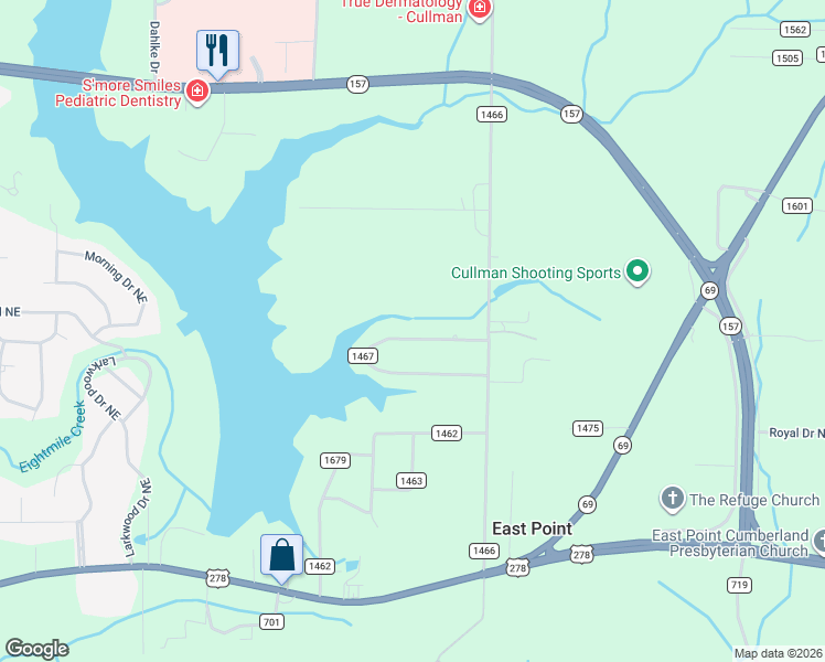 map of restaurants, bars, coffee shops, grocery stores, and more near 451 County Road 1467 in Cullman