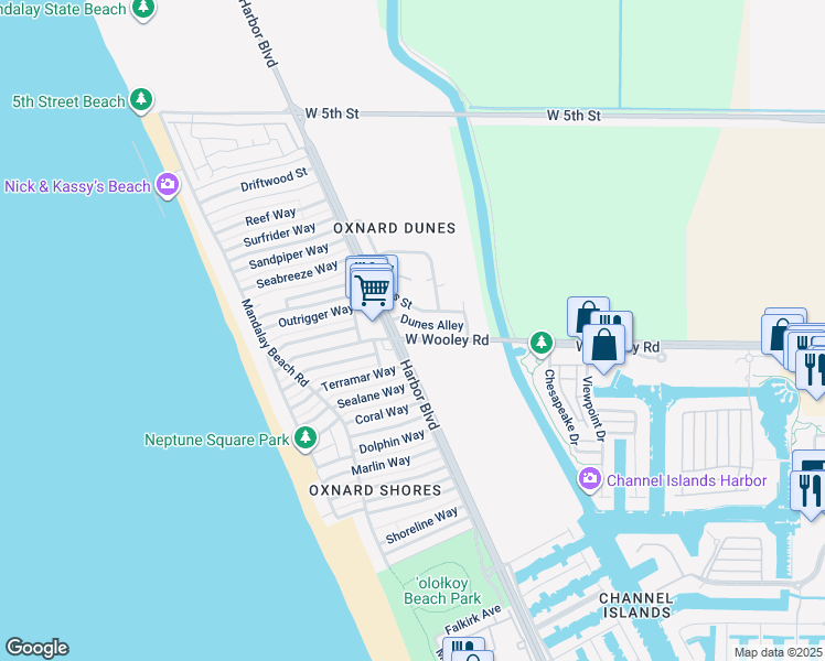 map of restaurants, bars, coffee shops, grocery stores, and more near 1105 Canal Street in Oxnard