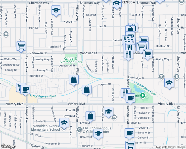 map of restaurants, bars, coffee shops, grocery stores, and more near 18744 Lemay Street in Los Angeles