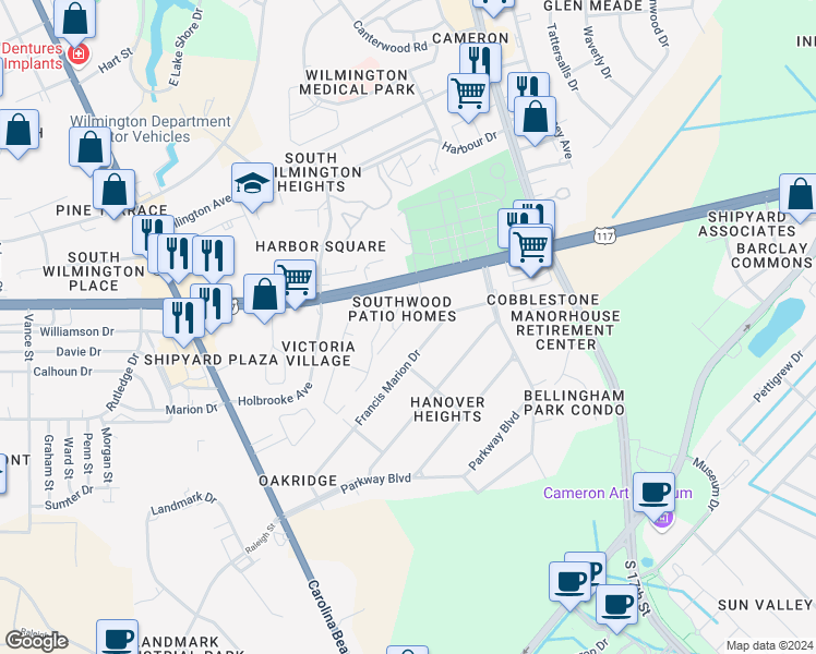 map of restaurants, bars, coffee shops, grocery stores, and more near 1236 Shipyard Boulevard in Wilmington