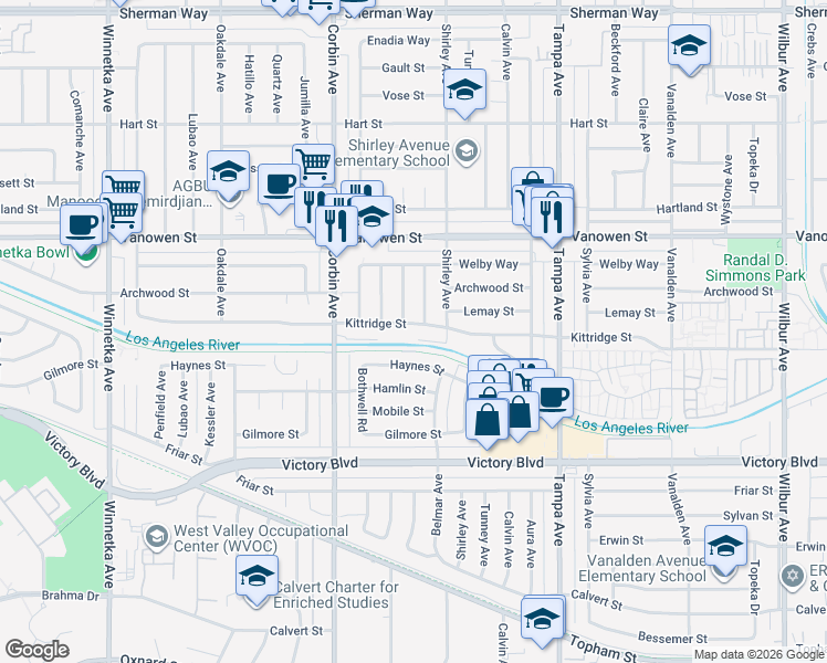 map of restaurants, bars, coffee shops, grocery stores, and more near 19536 Kittridge Street in Los Angeles
