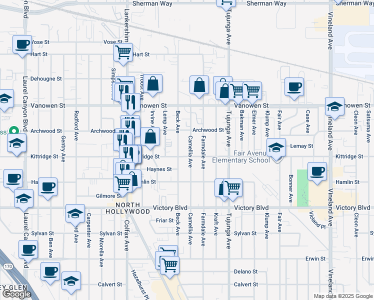 map of restaurants, bars, coffee shops, grocery stores, and more near 6624 Beck Avenue in Los Angeles