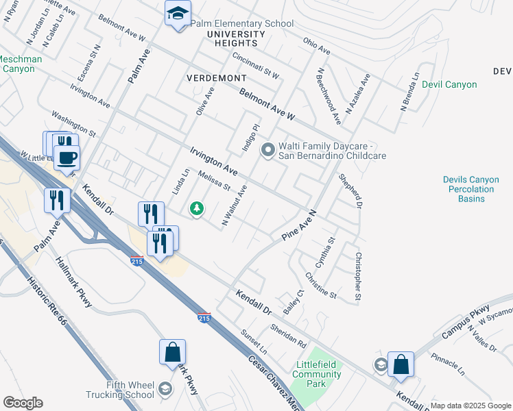 map of restaurants, bars, coffee shops, grocery stores, and more near 6049 Robin Road in San Bernardino