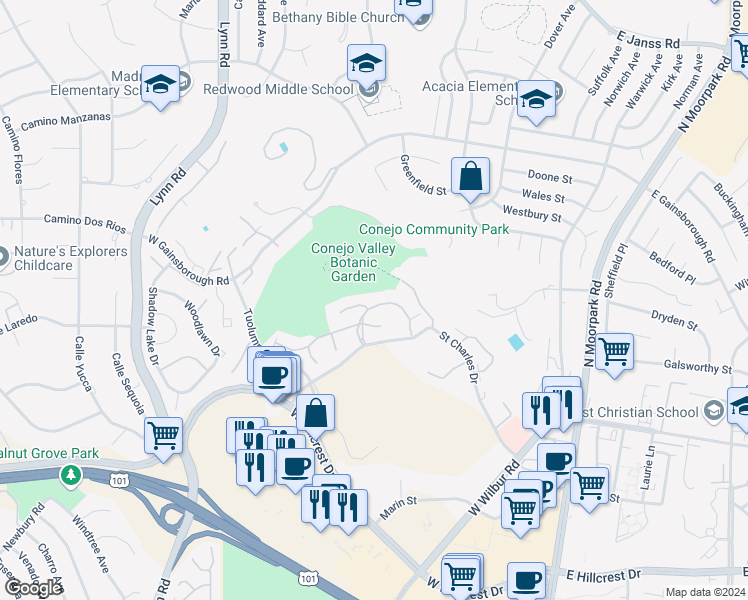 map of restaurants, bars, coffee shops, grocery stores, and more near 286 Oak Leaf Drive in Thousand Oaks
