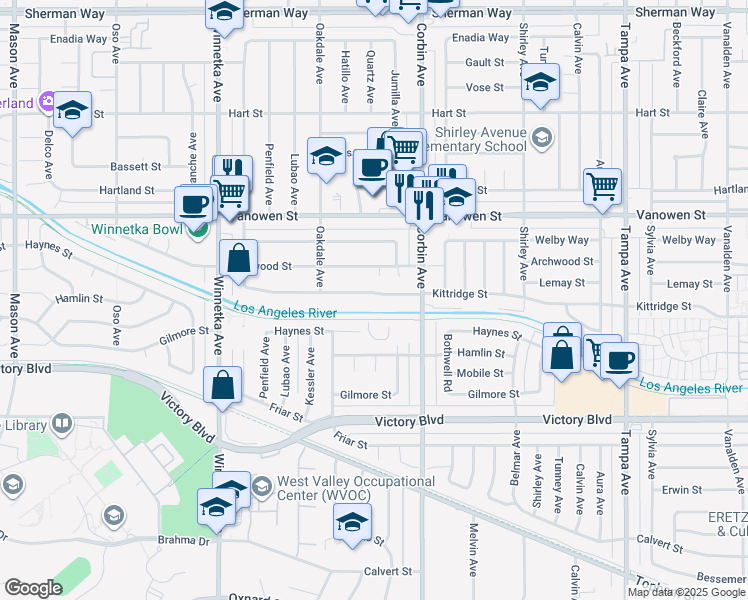 map of restaurants, bars, coffee shops, grocery stores, and more near 19800 Kittridge Street in Los Angeles