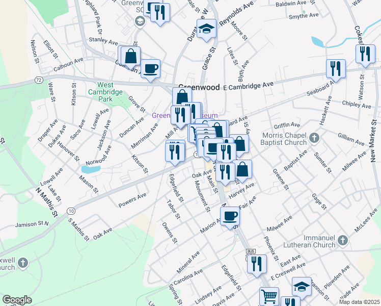 map of restaurants, bars, coffee shops, grocery stores, and more near 140 Maxwell Avenue in Greenwood