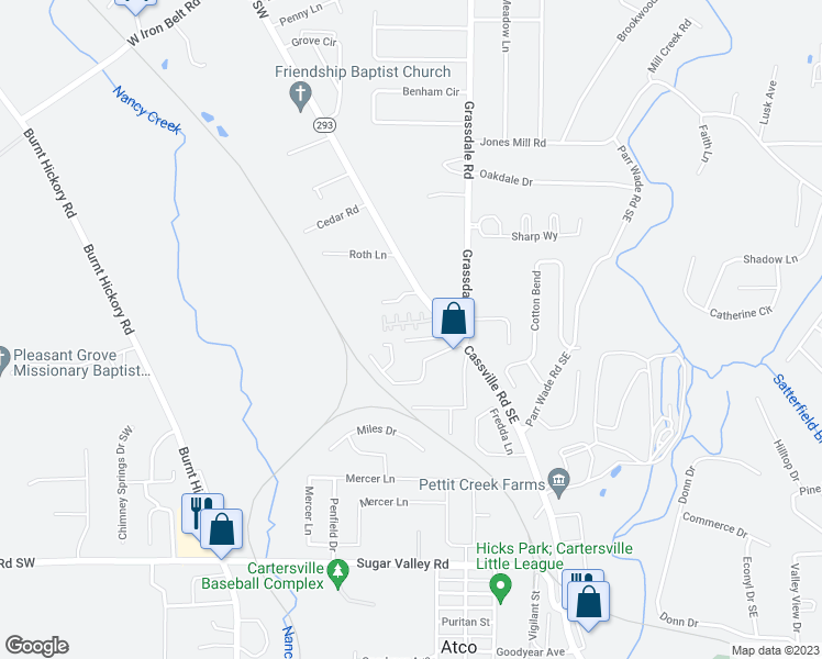 map of restaurants, bars, coffee shops, grocery stores, and more near 43 Point Place Drive in Cartersville