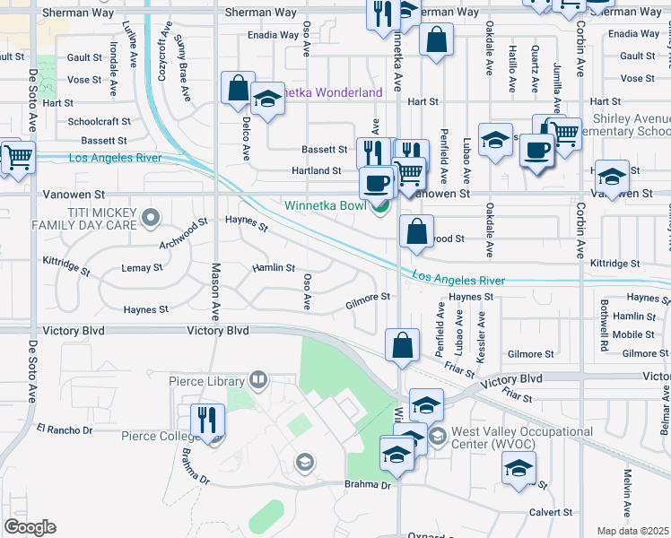 map of restaurants, bars, coffee shops, grocery stores, and more near 20238 Hamlin Street in Los Angeles