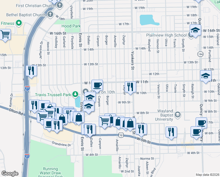 map of restaurants, bars, coffee shops, grocery stores, and more near 1007 Amarillo Street in Plainview