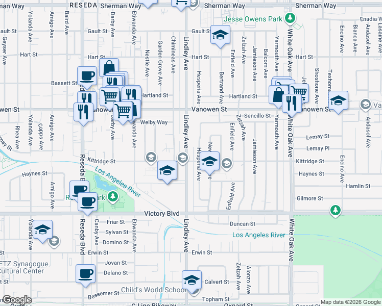 map of restaurants, bars, coffee shops, grocery stores, and more near 6622 Lindley Avenue in Los Angeles