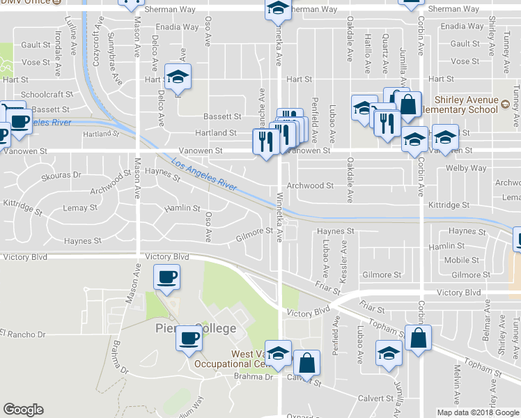 map of restaurants, bars, coffee shops, grocery stores, and more near 20133 Haynes Street in Los Angeles