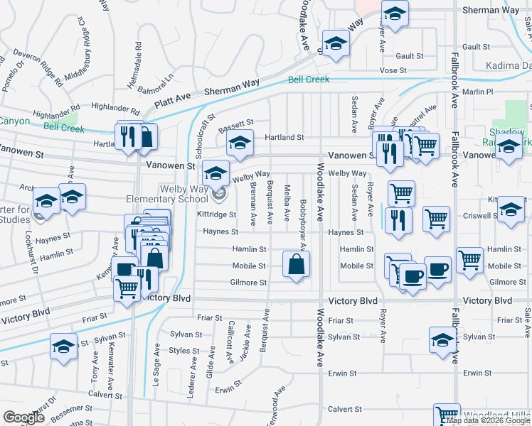 map of restaurants, bars, coffee shops, grocery stores, and more near 6639 Berquist Avenue in Los Angeles